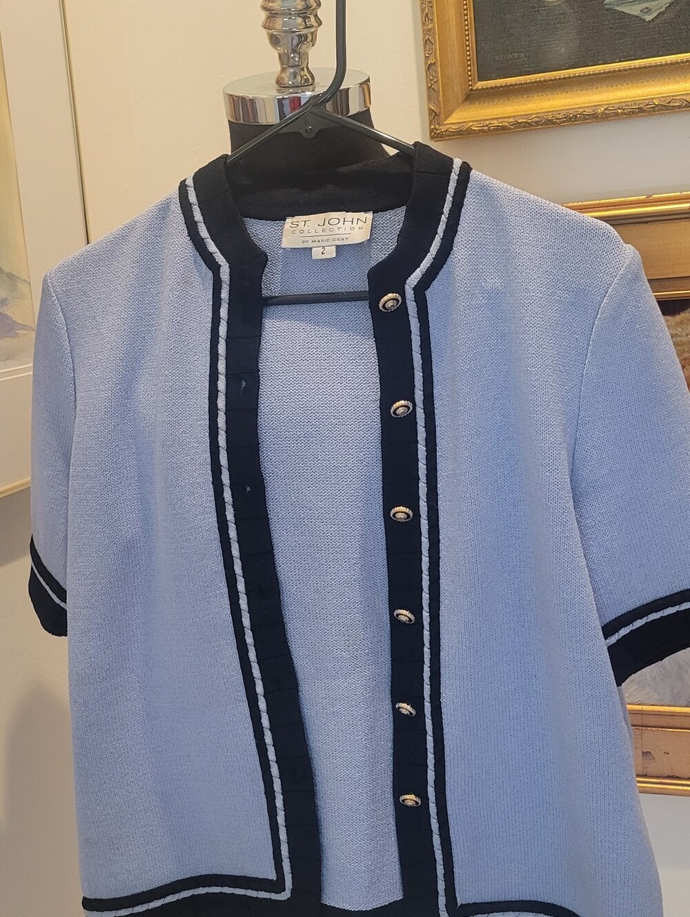 St John Santana Sky Blue & Blk Cardigan Jacket Sz 2/6 Brass Butns/Short Sleeves